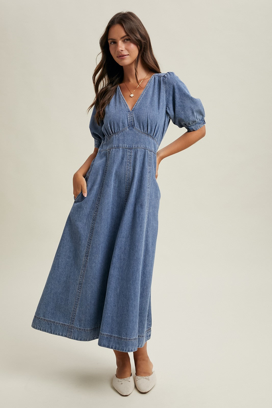 Cotton Puff Sleeve Midi Dress